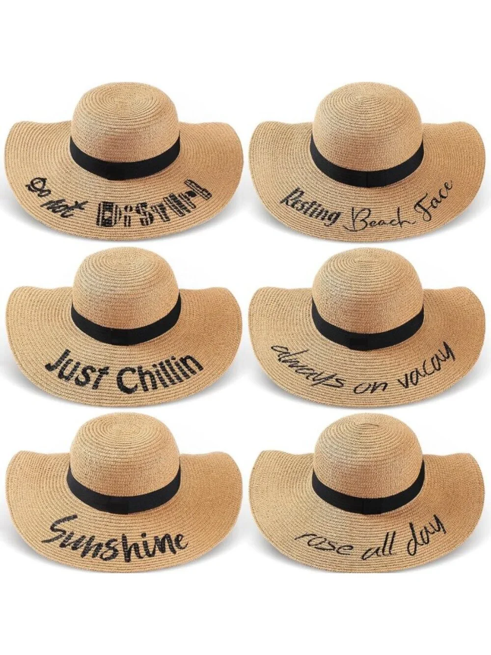 6 Pcs Women's Summer Floppy Beach Hats - Embroidered, Foldable, Large Brim